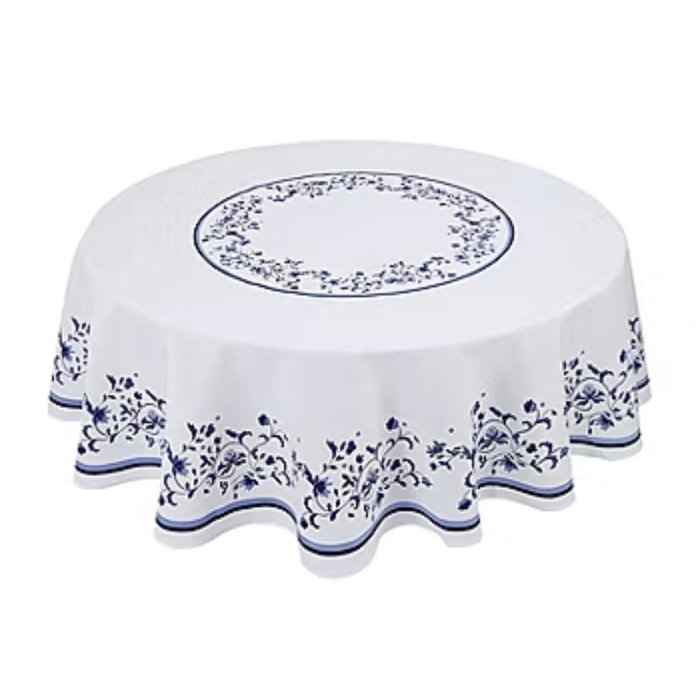 Blue Portofino by Spode 70" Round Blue Floral White Tablecloth Portmeirion